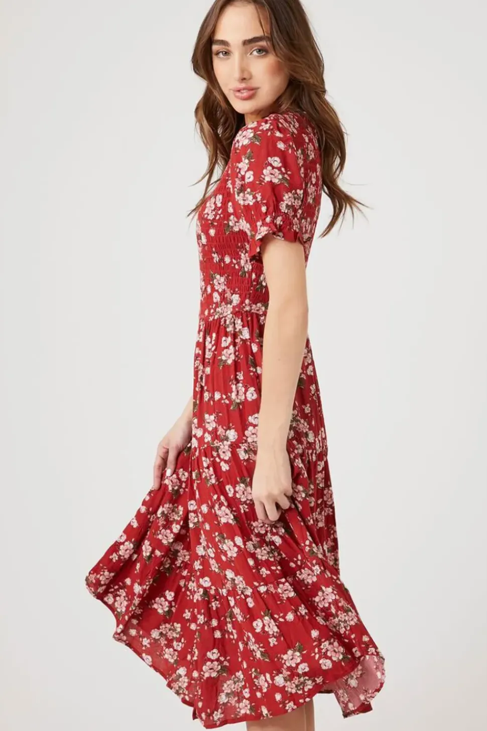 Floral Puff-Sleeve Midi Dress