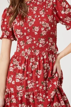 Floral Puff-Sleeve Midi Dress