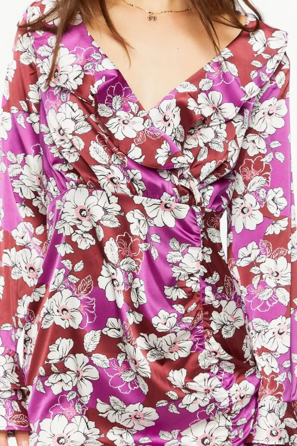 Floral Ruffled Satin Mini Dress