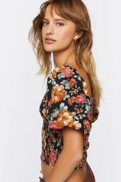 Floral Shirred Puff Sleeve Crop Top
