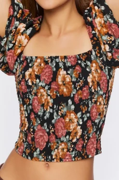 Floral Shirred Puff Sleeve Crop Top