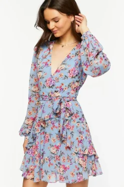 Floral Surplice Tiered Mini Dress