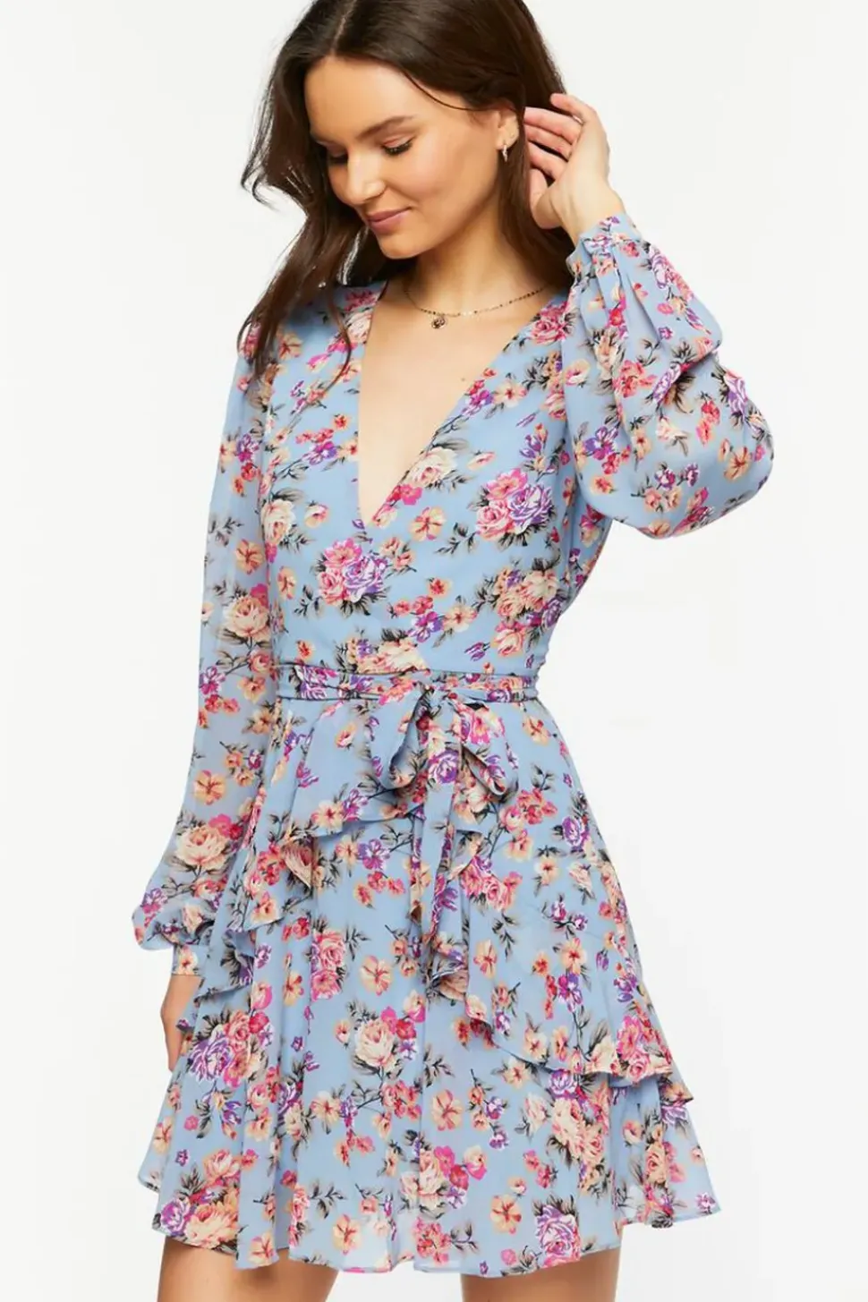 Floral Surplice Tiered Mini Dress