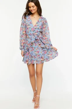 Floral Surplice Tiered Mini Dress