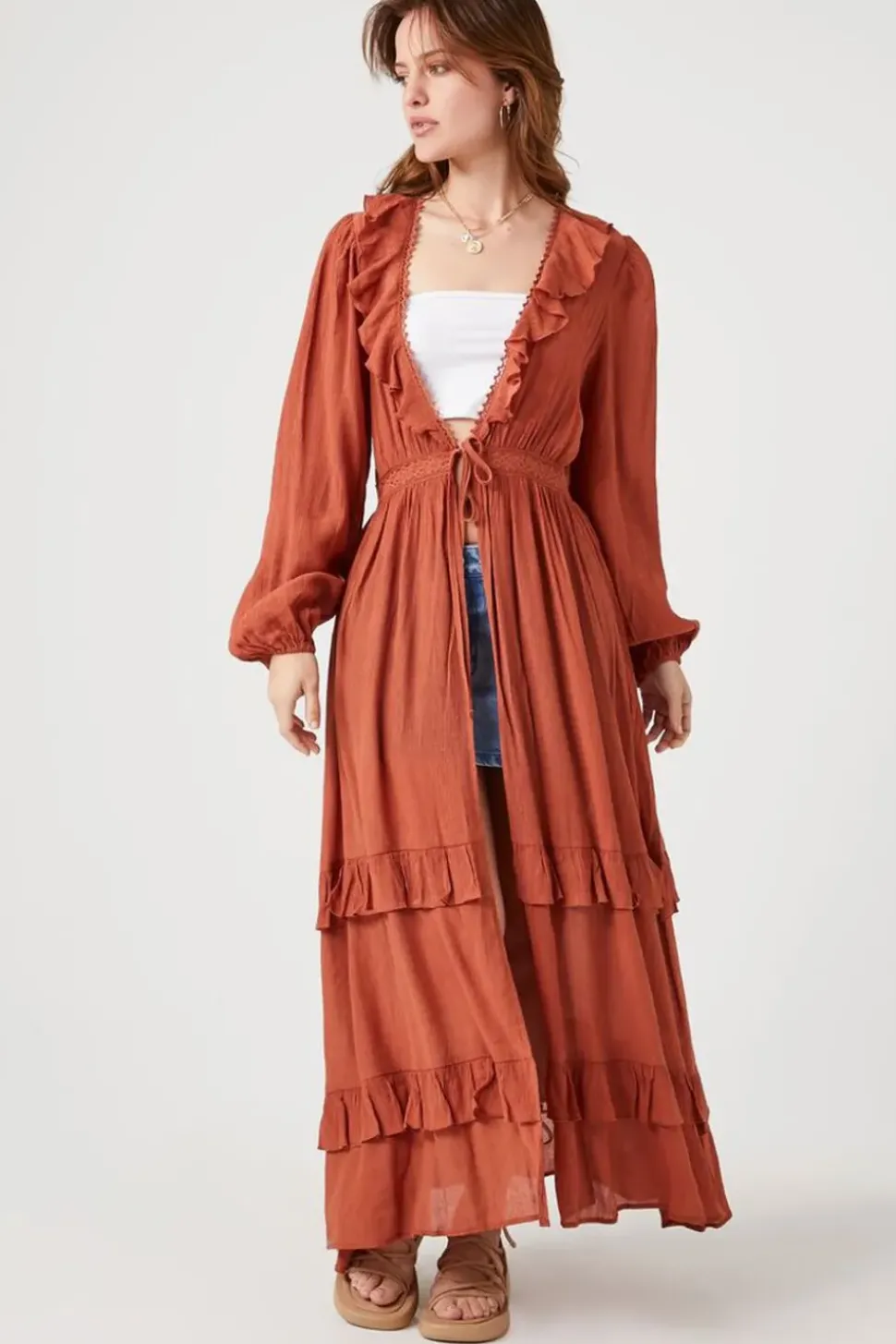 Flounce Crochet-Trim Kimono