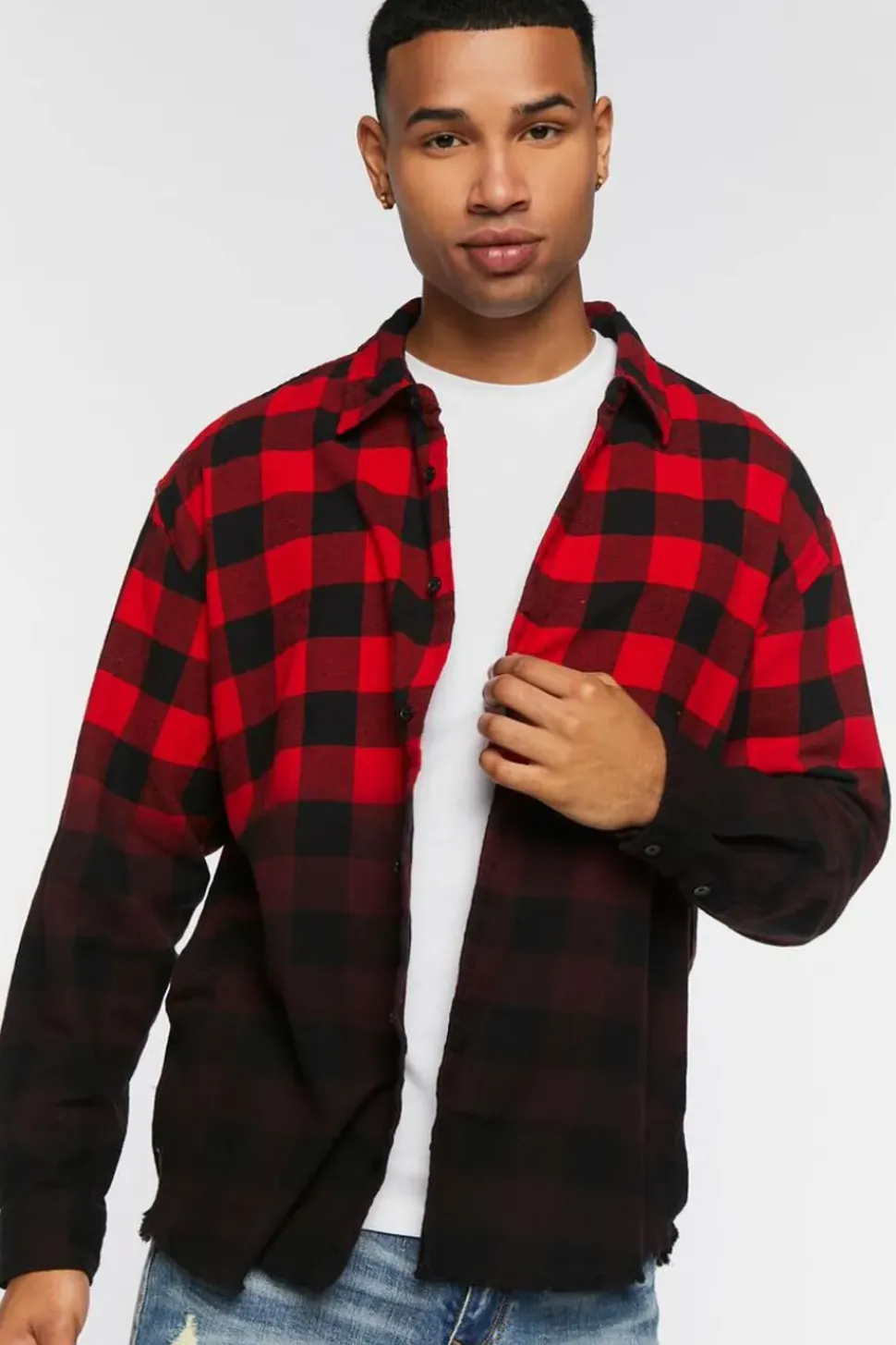 Frayed Buffalo Plaid Dip-Dye Shirt