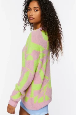Fuzzy Abstract Print Sweater