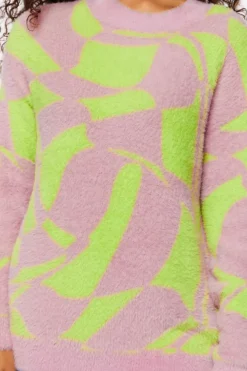 Fuzzy Abstract Print Sweater