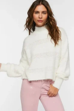 Fuzzy Contrast-Panel Mock Neck Sweater
