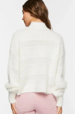 Fuzzy Contrast-Panel Mock Neck Sweater