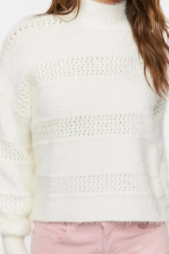 Fuzzy Contrast-Panel Mock Neck Sweater