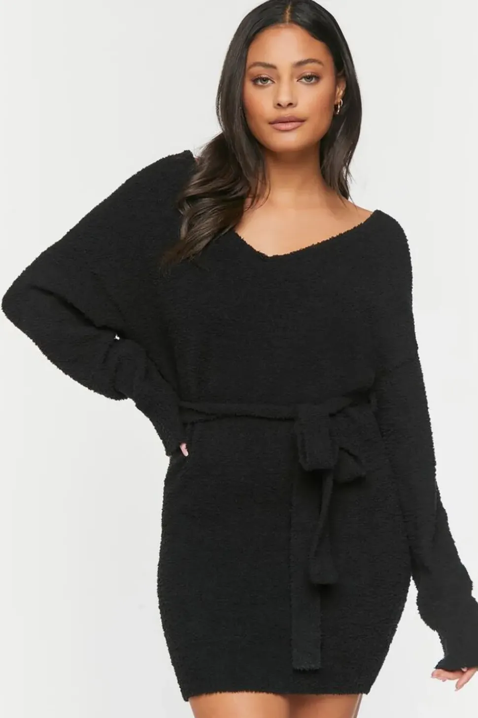 Fuzzy Knit Belted Sweater Dress