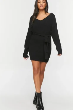 Fuzzy Knit Belted Sweater Dress