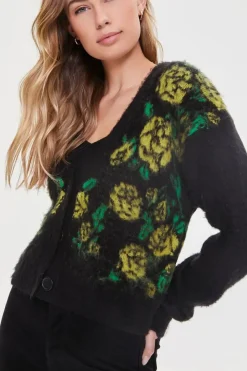 Fuzzy Knit Rose Print Cardigan Sweater