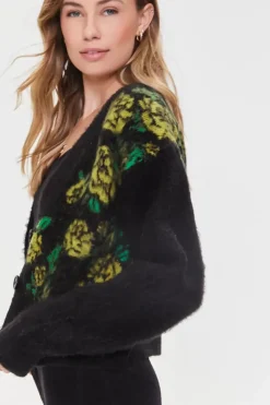Fuzzy Knit Rose Print Cardigan Sweater