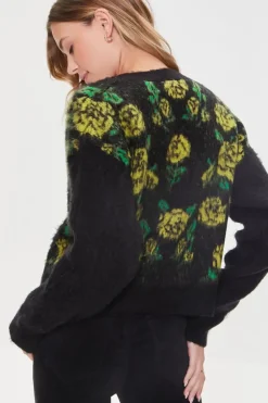 Fuzzy Knit Rose Print Cardigan Sweater