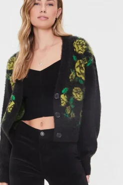 Fuzzy Knit Rose Print Cardigan Sweater