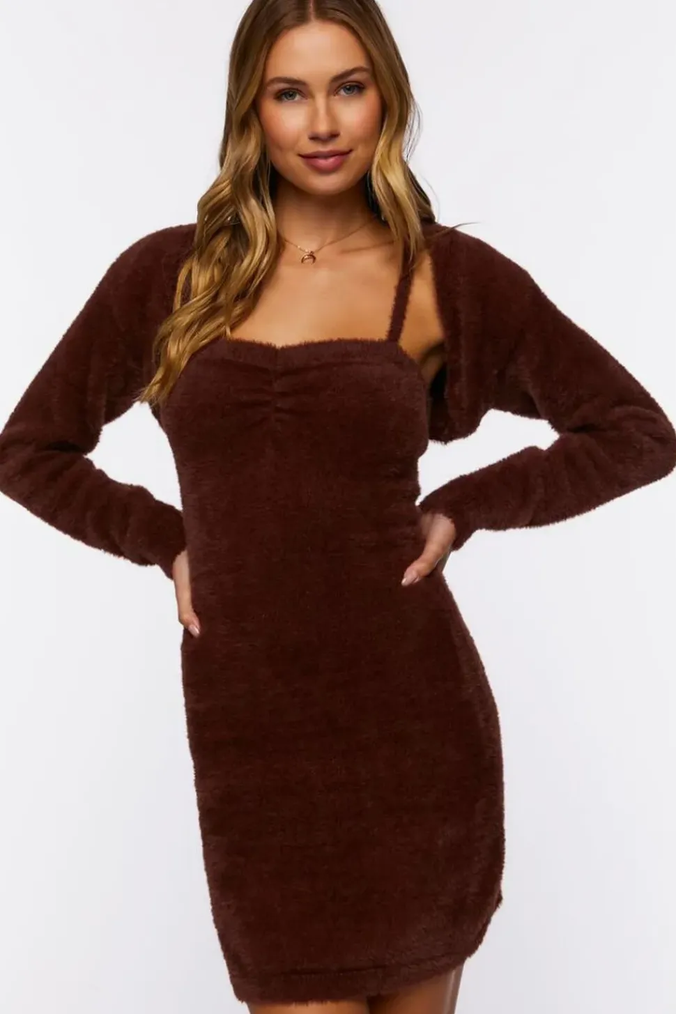 Fuzzy Mini Dress & Shrug Sweater Set