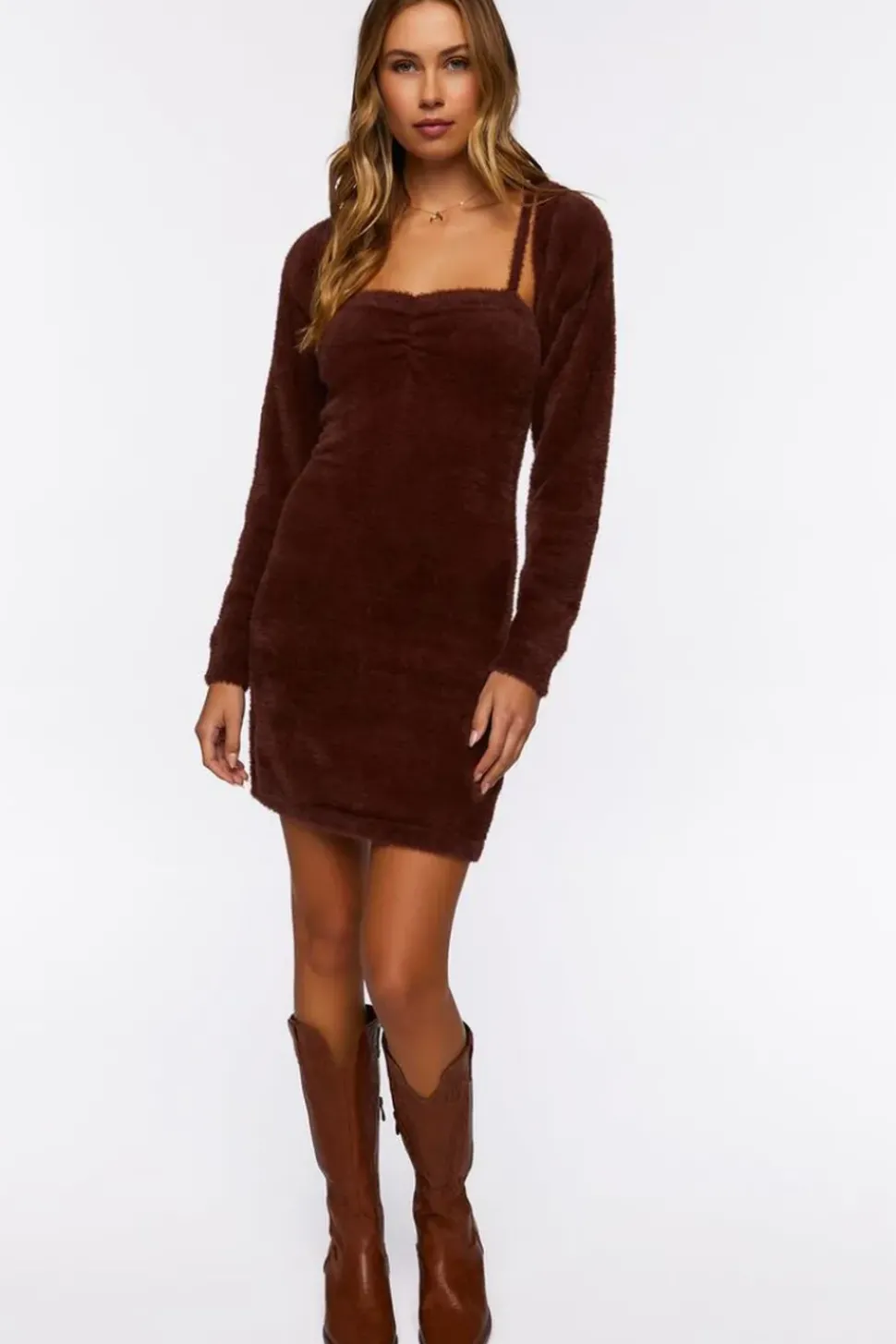Fuzzy Mini Dress & Shrug Sweater Set