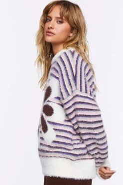 Fuzzy Striped Floral Graphic Sweater