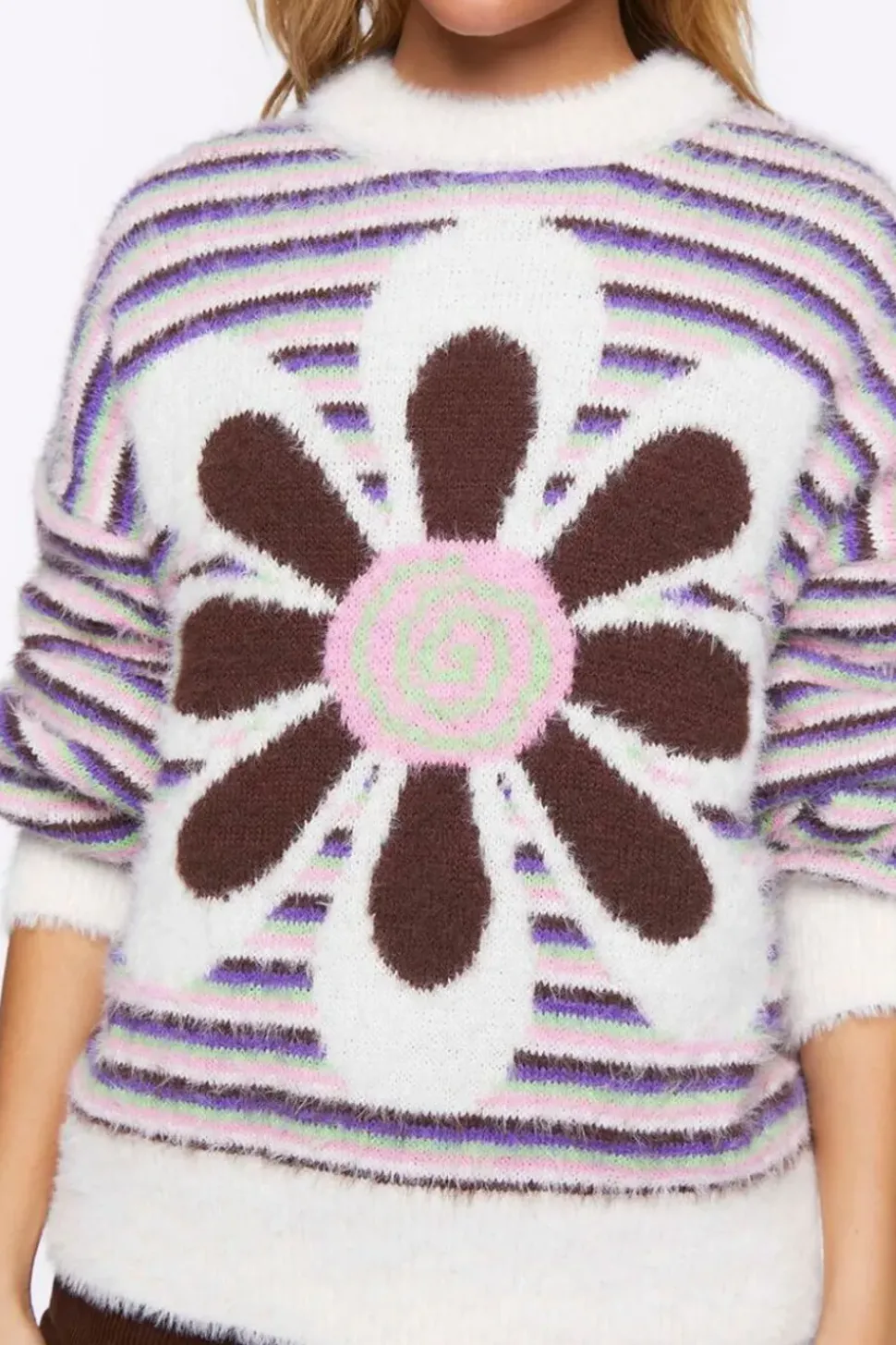 Fuzzy Striped Floral Graphic Sweater