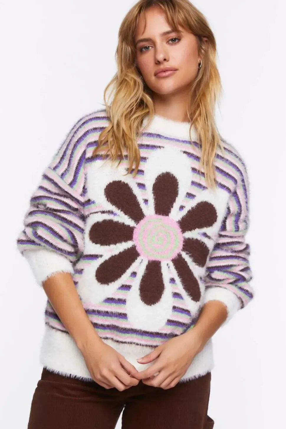 Fuzzy Striped Floral Graphic Sweater