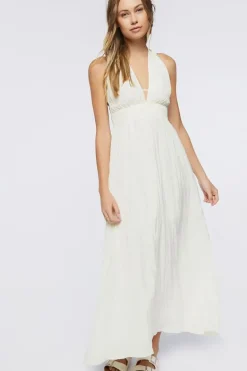 Gauze Plunging Halter Maxi Dress