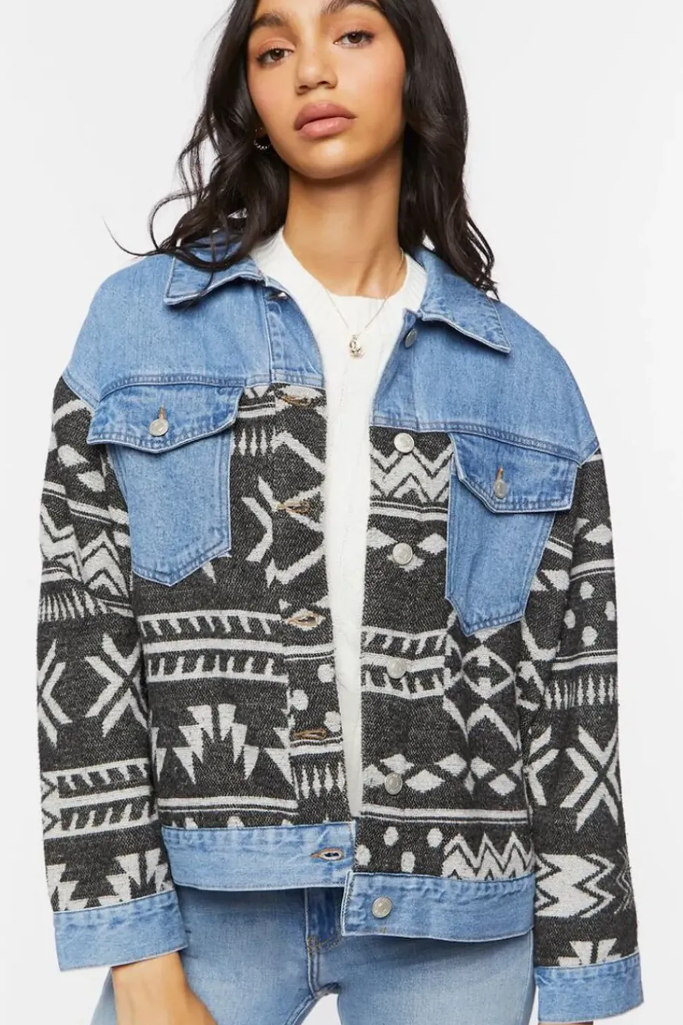 Geo Print Denim Trucker Jacket