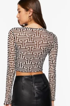 Geo Print Mesh Crop Top