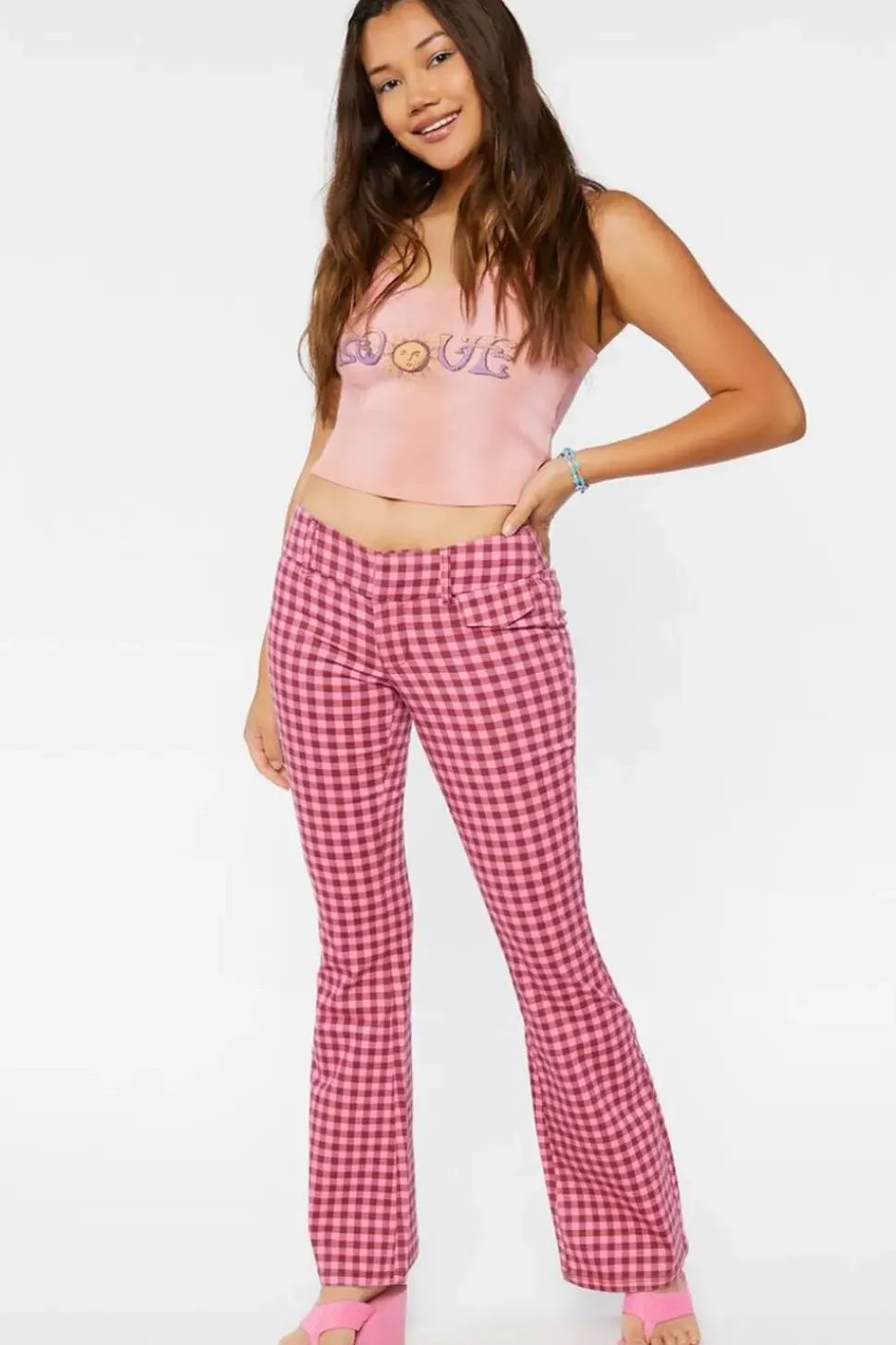 Gingham Low-Rise Flare Pants