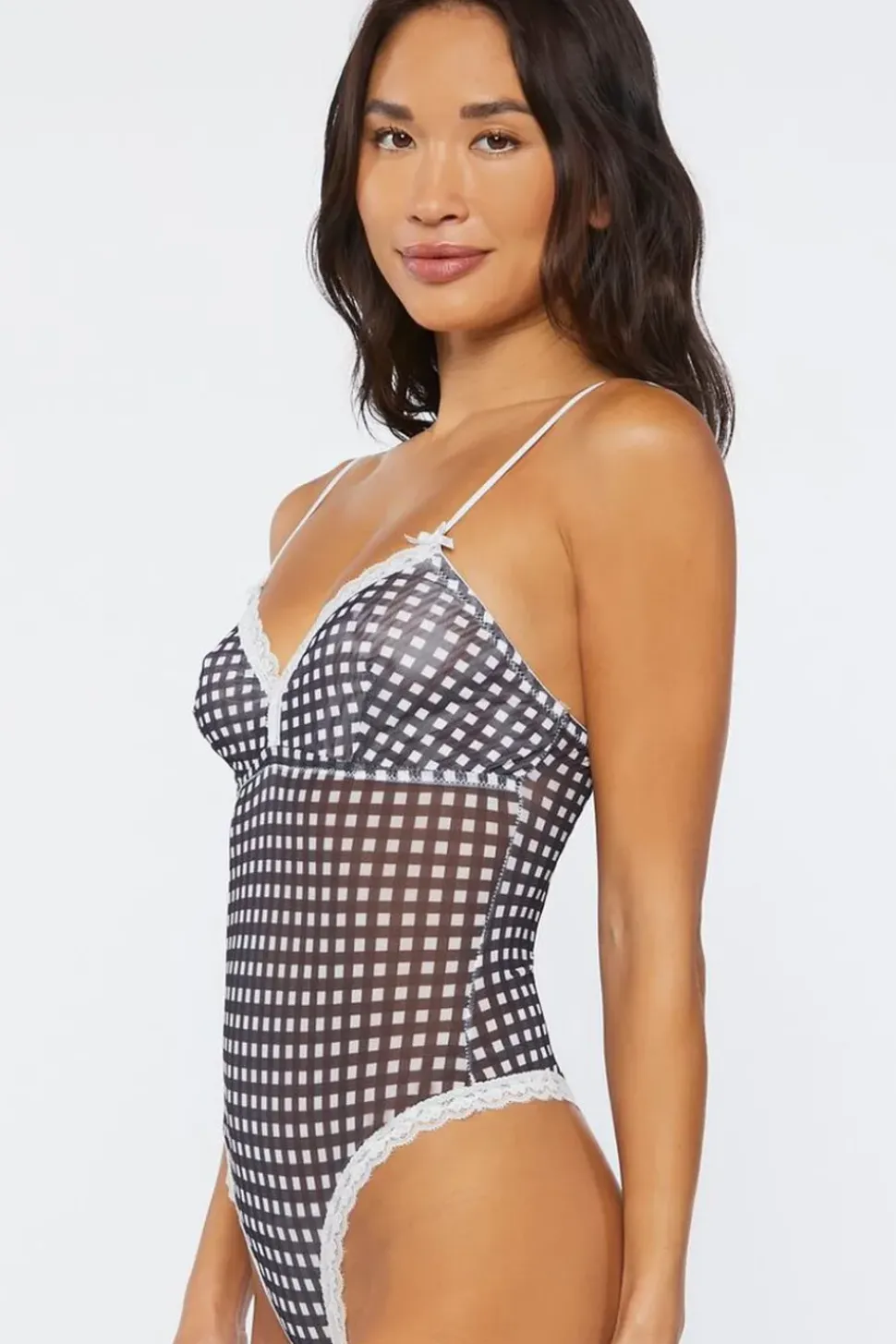 Gingham Mesh Lingerie Bodysuit