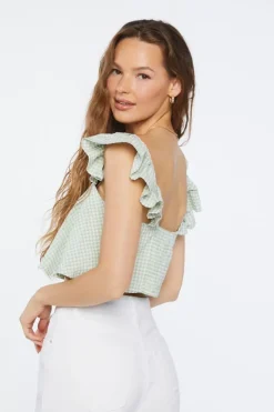 Gingham Ruffle-Trim Crop Top