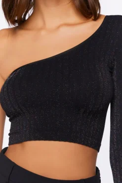 Glitter Knit One-Shoulder Crop Top