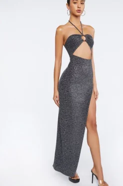 Glitter O-Ring Halter Maxi Dress