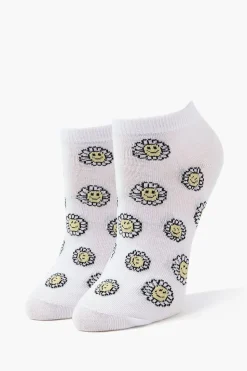 Happy Face Floral Print Ankle Socks