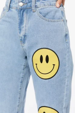 Happy Face Graphic Wide-Leg Jeans