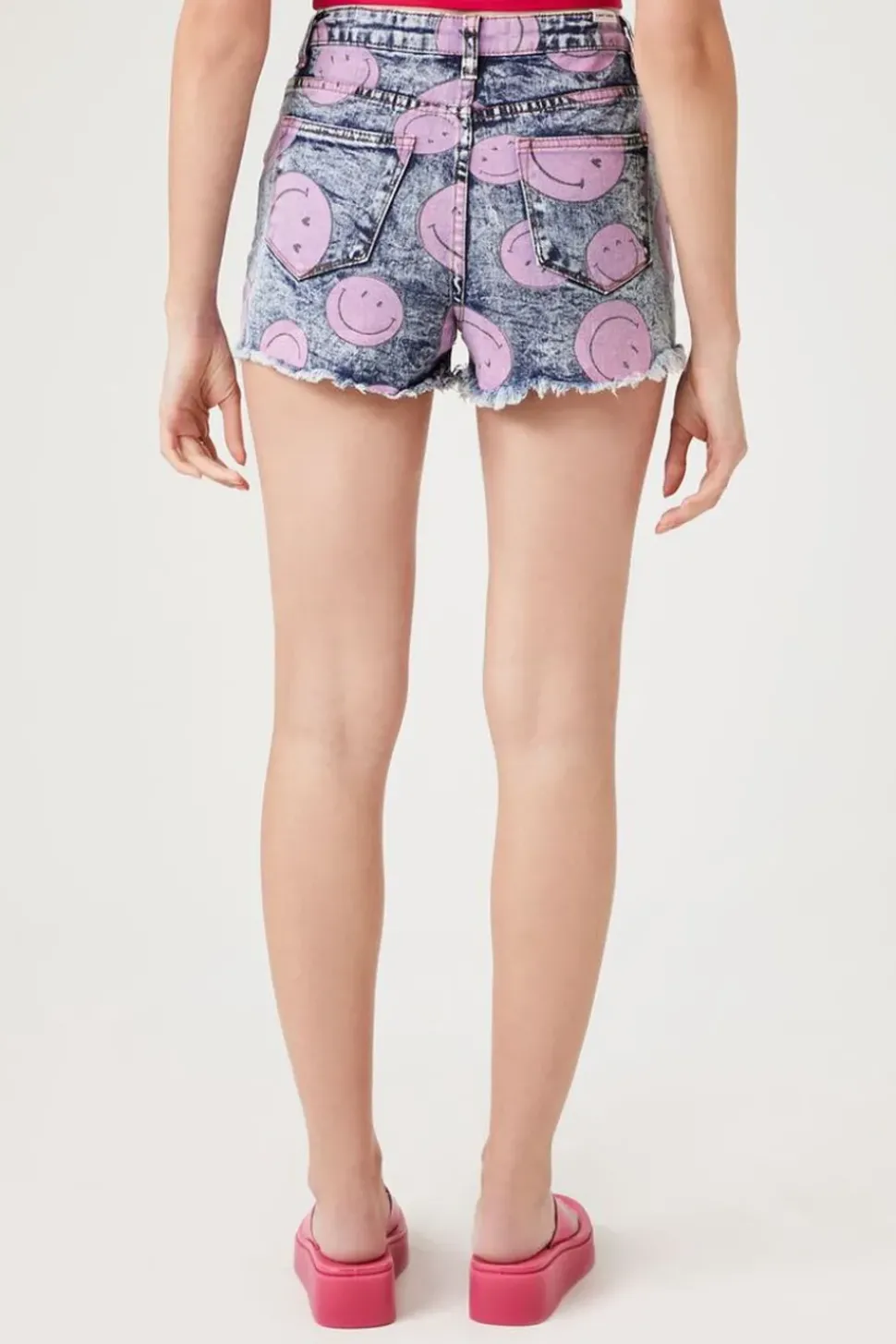 Happy Face Print Denim Shorts