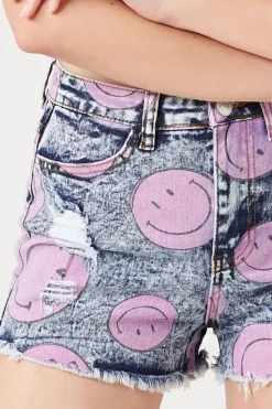 Happy Face Print Denim Shorts