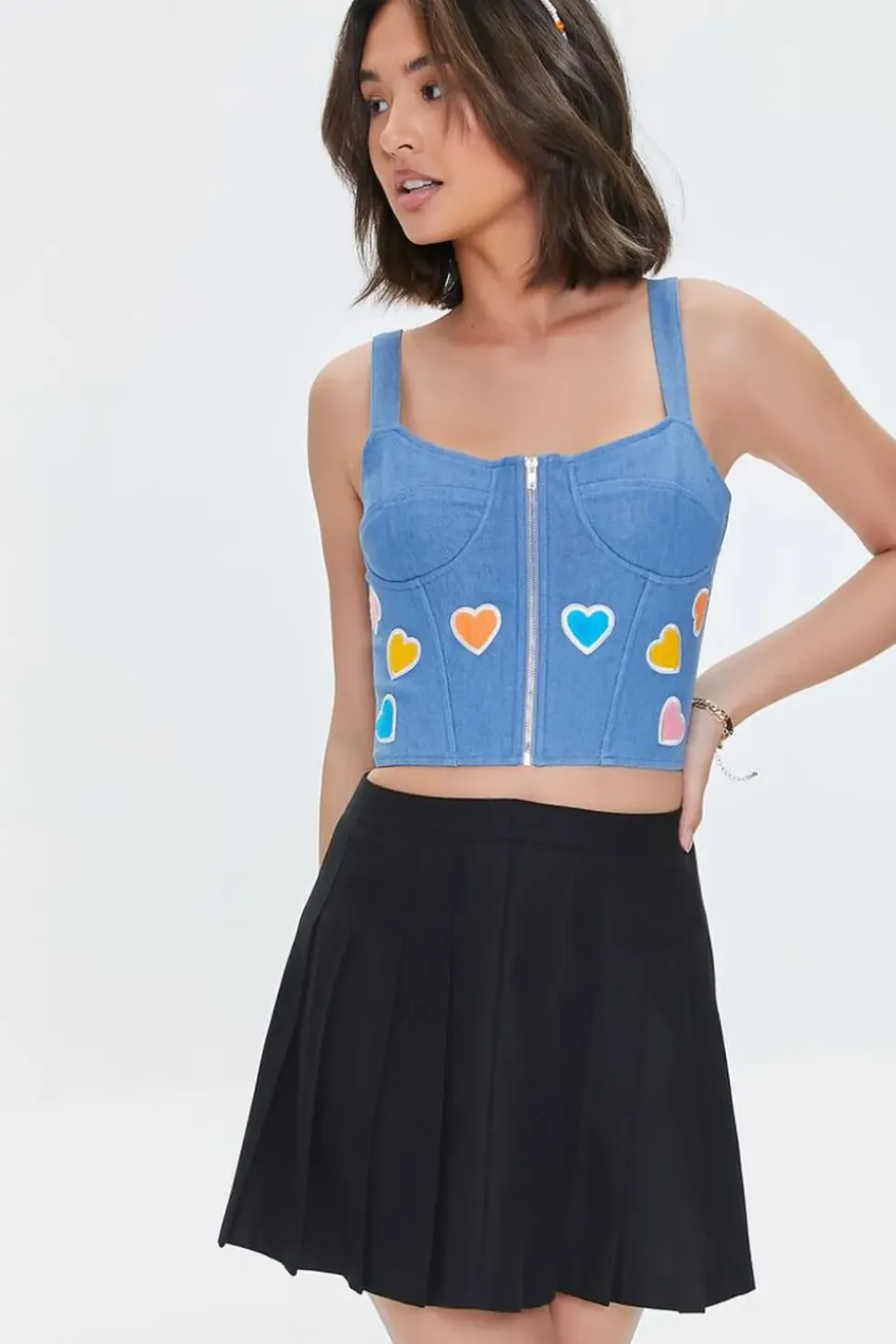 Heart Graphic Denim Bustier Crop Top