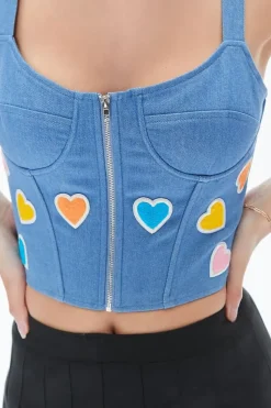 Heart Graphic Denim Bustier Crop Top