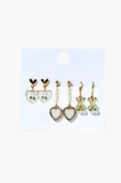 Heart & Teddy Bear Drop Earring Set