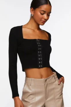 Hook-And-Eye Long-Sleeve Crop Top