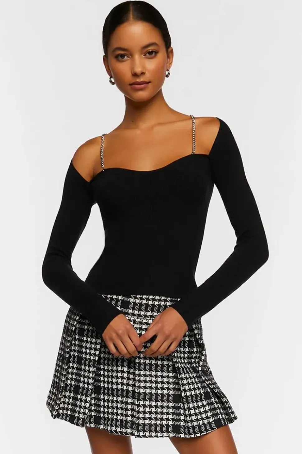 Houndstooth Pleated Tweed Skort