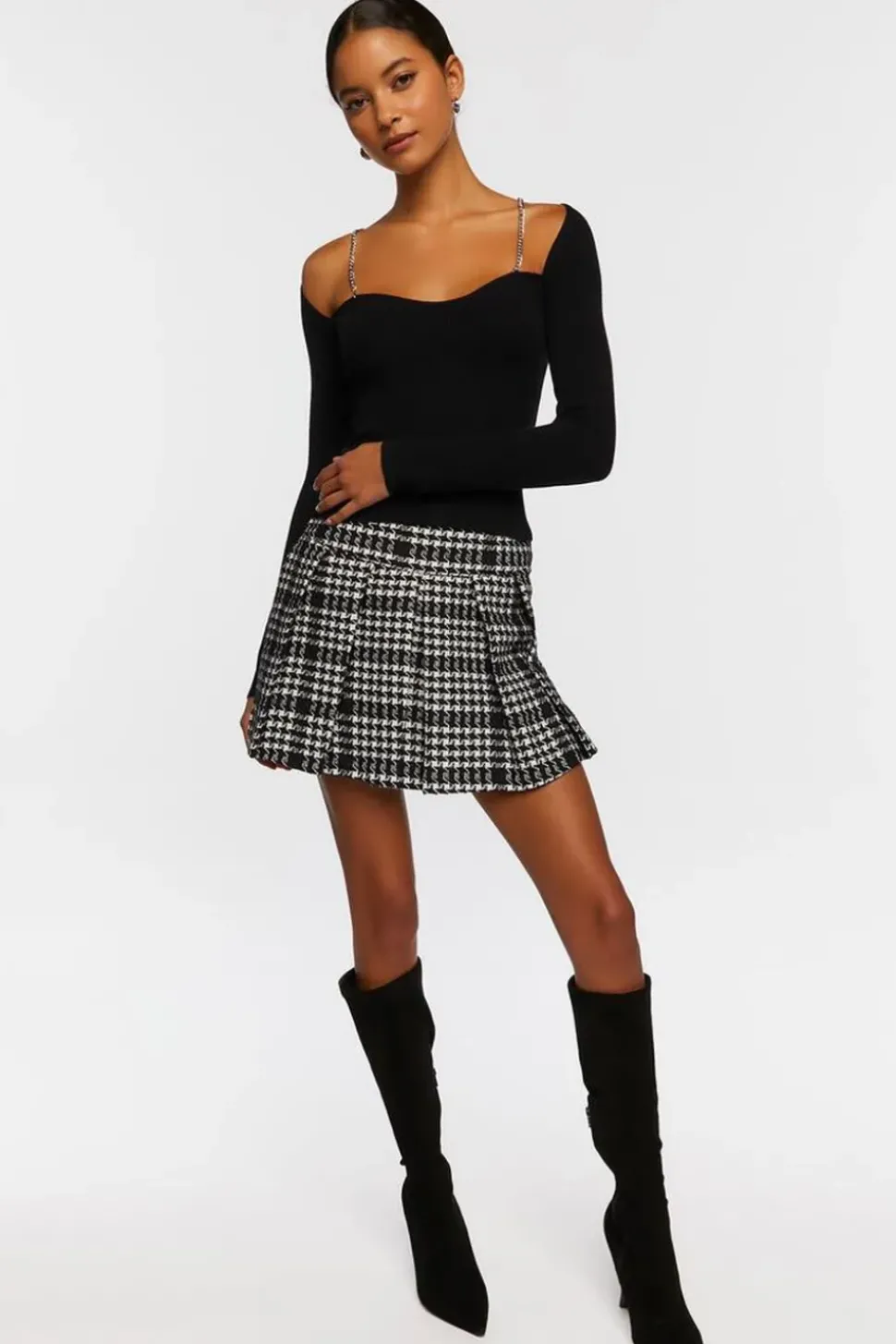 Houndstooth Pleated Tweed Skort