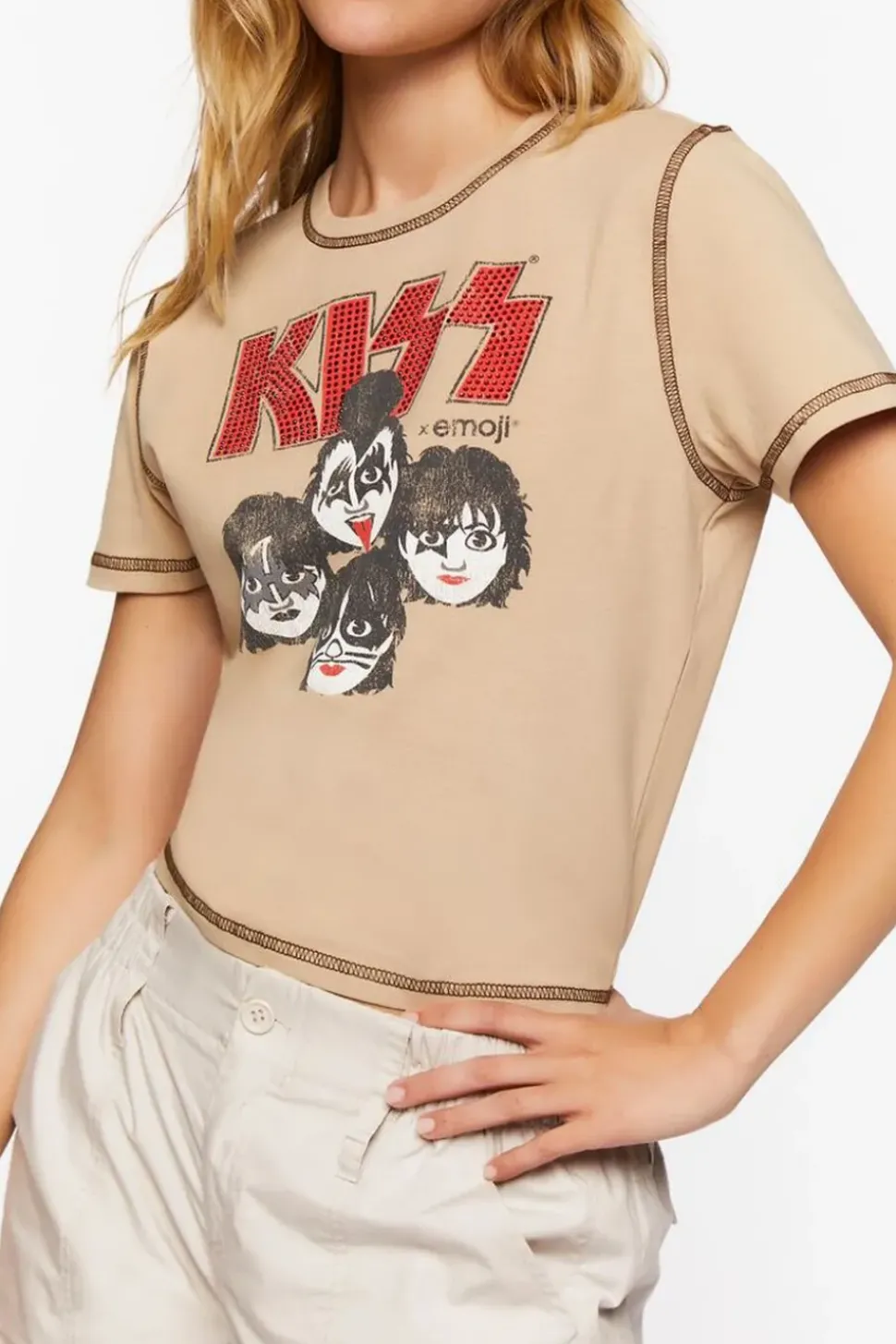 Kiss X Emoji Rhinestone Graphic Baby Tee