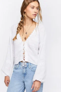 Lace-Up Crochet-Trim Crop Top