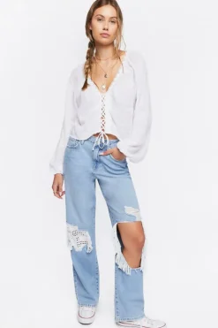 Lace-Up Crochet-Trim Crop Top