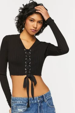 Lace-Up Long-Sleeve Sweater-Knit Crop Top