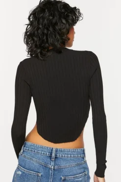 Lace-Up Long-Sleeve Sweater-Knit Crop Top