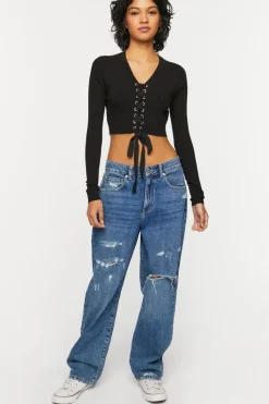 Lace-Up Long-Sleeve Sweater-Knit Crop Top